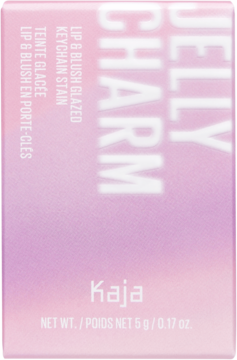 Kaja Jelly Charm, róż i pomadka 2w1 z breloczkiem, w jasnoróżowym pudełku, widok z przodu, białe napisy.