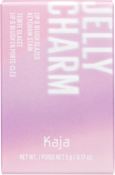 Kaja Jelly Charm lip & blush keychain stain w jasnoróżowym pudełku, widok z przodu, biały tekst.