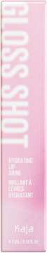 Różowe opakowanie Kaja Gloss Shot Hydrating Lip Shine z białymi napisami, widok z przodu.