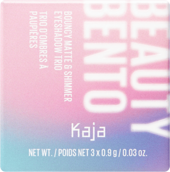 Kaja Beauty Bento Bouncy Matte & Shimmer Eyeshadow Trio, gradient różowo-fioletowo-niebieskie opakowanie, widok z przodu.