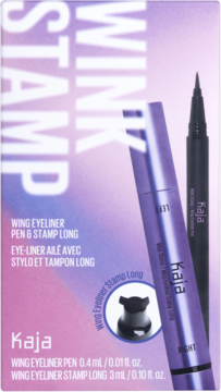 Kaja Wink Stamp Long Eyeliner: zestaw w fioletowo-różowym pudełku z czarnym eyelinerem i fioletowym stemplem do kresek.