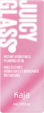 Różowa etykieta Kaja Juicy Glass Lip Oil z białym tekstem, nawilżający i powiększający olejek do ust, widok z przodu.
