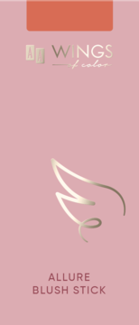 Różowe opakowanie AA Wings of Color Allure Blush Stick z brzoskwiniowym blokiem, złotym logo i skrzydłem.