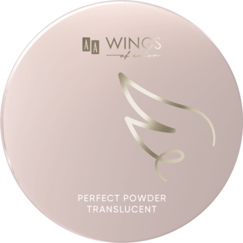 Okrągłe, jasnoróżowe opakowanie sypkiego pudru AA Wings of Color Perfect Translucent Powder, widok z góry.