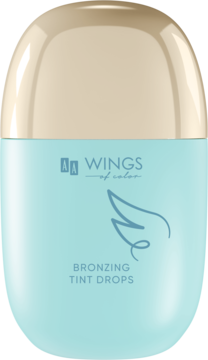 AA Wings of Color Bronzing Tint Drops, turkusowa butelka, złota nakrętka, widok z przodu, stylizowane skrzydło.