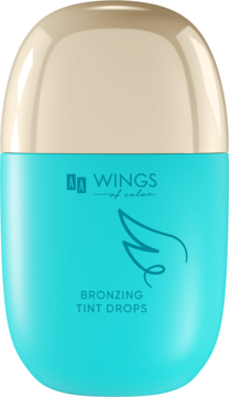 AA Wings of Color, brązujący tint do twarzy w turkusowo-złotej butelce w kształcie kropli, widok z przodu.