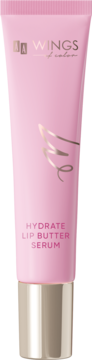 Różowa tubka AA Wings of Color Hydrate Lip Butter Serum ze złotym logo, metalowym aplikatorem, widok z przodu.