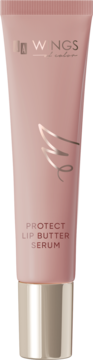 AA Wings of Color Protect Lip Butter Serum w różowej tubce z metalową, złotą nakrętką, widok z przodu.