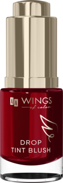 AA WINGS of color Drop Tint Blush 01 Love Burn, czerwony róż w płynie z pipetką, widok z przodu.