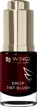 Ciemnoczerwony Drop Tint Blush AA Wings of Color w butelce z pipetką i złotą zakrętką, widok z przodu.