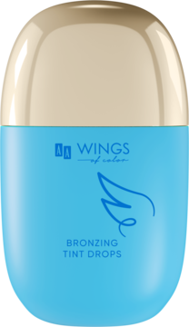 AA Wings of Color Bronzing Tint Drops 03 Afterlight, niebieska butelka ze złotą nakrętką, widok z przodu.