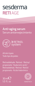 Sesderma RETI AGE Anti-aging serum 30ml, różowe opakowanie z białym napisem i 3-RETINOL system.