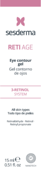 Białe opakowanie Sesderma Reti Age Eye contour gel 15ml z różowymi detalami i 3-Retinol System, widok z przodu.