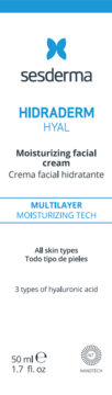Białe opakowanie Sesderma Hidraderm Hyal, nawilżający krem do twarzy z kwasem hialuronowym, widok z przodu.