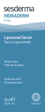 Sesderma Hidraderm Hyal Liposomal Serum w niebieskim opakowaniu z kwasem hialuronowym, widok z przodu.