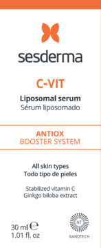 Sesderma C-VIT Liposomal serum 30 ml z witaminą C, białe pudełko z pomarańczowym logo, widok z przodu.