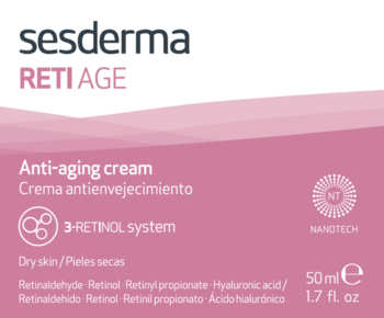 Sesderma Reti Age krem przeciwstarzeniowy 50ml, biało-różowe pudełko z 3-RETINOL systemem, widok z przodu.