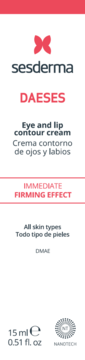 Sesderma DAESES krem kontur oczu i ust 15ml, białe opakowanie, różowe akcenty, widok z przodu, ujędrniający z DMAE.