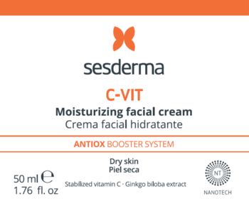 Front of Sesderma C-VIT Moisturizing facial cream label, white with orange top and logo, for dry skin, 50ml.