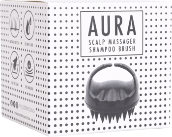 Pudełko hipoalergicznej szczotki do masażu AURA, białe w czarne kropki, z obrazem szarej szczotki silikonowej.