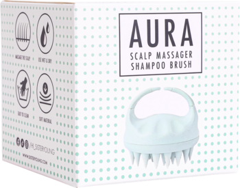 AURA hipoalergiczny masażer do skóry głowy w miętowym kolorze, w białym pudełku, widok z przodu.