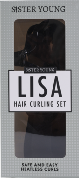 Szare opakowanie LISA Sister Young heatless hair curling set. Widok z przodu, przez okienko widać czarny wałek.