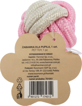 Różowo-beżowa pleciona zabawka dla pupila (pet toy) z metką w kształcie kości, widok z tyłu, detale.