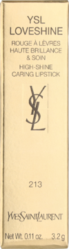 Złoty kartonik szminki YSL Loveshine 213, rozświetlająca i pielęgnująca pomadka. Widok z przodu, logo YSL.