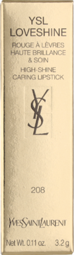 YSL Loveshine High-Shine Caring Lipstick, shade 208, in a gold rectangular box with black text, front view.