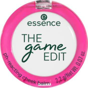 Różowy, okrągły balsam do policzków Essence 'THE game EDIT' ph-reacting, z białym środkiem i zielonym tekstem, widok z przodu.