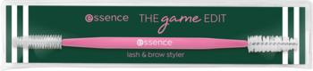 Essence THE game EDIT lash & brow styler, różowa szczoteczka w zielonym opakowaniu z białymi paskami.