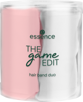 Duo gumek do włosów essence THE game EDIT, różowa i biała, w przezroczystym opakowaniu, widok z przodu.