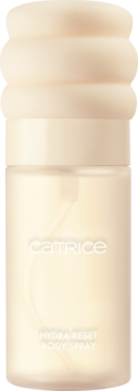 Jasnobrązowy spray do ciała Catrice Hydra Reset w butelce z żebrowaną nakrętką, widok z przodu.