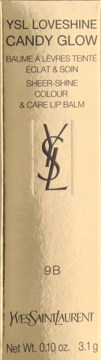 Złote opakowanie YSL Loveshine Candy Glow Lip Balm, numer 9B, z logo YSL i informacjami o masie.