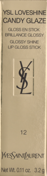 YSL Loveshine Candy Glaze lip gloss stick, light beige box with black text, front view, shade 12.