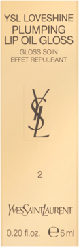 YSL Loveshine Plumping Lip Oil Gloss, jasne, złote pudełko z logo YSL i numerem 2, widok z przodu.