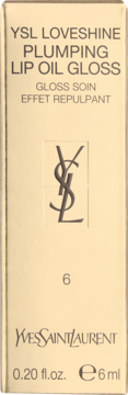 Front view of YSL Loveshine Plumping Lip Oil Gloss box, shade 6, light gold packaging with black text, 6ml.