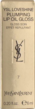 Złote pudełko YSL Loveshine Plumping Lip Oil Gloss, 6ml, odcień 7, z czarnym logo. Widok z przodu.