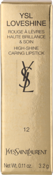 Złote opakowanie szminki YSL Loveshine High-Shine Caring Lipstick, widok z przodu. Zawiera logo YSL, numer odcienia 12 i wagę 3.2g.