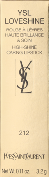 Przednie ujęcie beżowego opakowania YSL Loveshine High-Shine Caring Lipstick, z logo YSL i numerem odcienia 212, widocznym na środku.