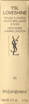Przednia strona beżowego pudełka szminki YSL Loveshine High-Shine Caring Lipstick z logo YSL i numerem 45.