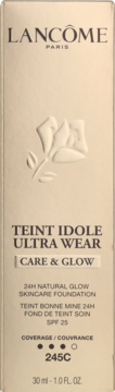 Lancôme Teint Idole Ultra Wear Care & Glow, podkład pielęgnacyjny, beżowe pudełko z różą, widok z przodu.