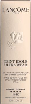 Lancôme Teint Idole Ultra Wear 115C, podkład 24h w beżowym kartoniku z różą, widok z przodu.