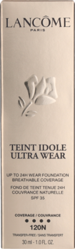 Front beżowego pudełka Lancôme Teint Idole Ultra Wear 120N, kryjącego podkładu 24H z wytłoczoną różą.
