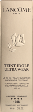 Lancôme Teint Idole Ultra Wear podkład, złote opakowanie z tłoczoną różą, widok z przodu, odcień 135N SPF 35.