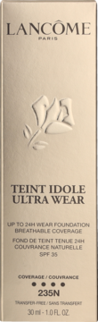 Beżowy kartonik kryjącego podkładu Lancôme Teint Idole Ultra Wear 235N, z opisem 24H wear i SPF 35.
