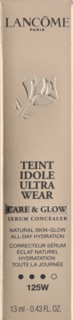 Lancôme Teint Idole Ultra Wear Care & Glow serum concealer 125W, nawilżający, beżowe opakowanie z logo róży, widok z przodu.