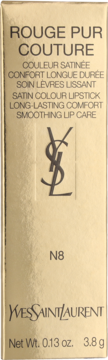 Złoty, lśniący kartonik szminki YSL Rouge Pur Couture N8 z czarnym tekstem i logo YSL, widok z przodu.