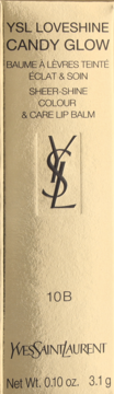 Złote pudełko YSL Loveshine Candy Glow Lip Balm 10B, widok z przodu, z logo i wagą produktu.