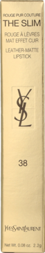 Przednia strona złoto-beżowego opakowania szminki YSL The Slim Leather-Matte Lipstick, numer 38.